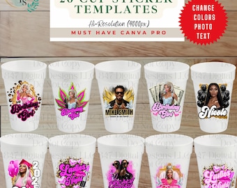 20 Digital Design Foam Cup Sticker Templates | Styrofoam Cup Stickers | Canva Templates Design Bundle Graduation | Editable Birthday Party
