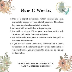 May include: White background with text that reads "How It Works:" followed by five numbered points explaining digital download details. Floral accents and a logo are also present. The text includes information about Canva Pro.