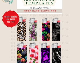 May include: Collection of custom lighter templates with various designs, including leopard print, money, cannabis leaves, lips, flowers, cherries, purple fabric, and black and white swirls. The text on the lighters says "Kiara". The image also includes text that says "100 Lighter Templates".