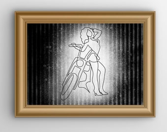 Shopper Harley Davidson Bike minimalist One Line Drawing Girl with short long curly hair Bikergirl Girl with Motorcycle instand download