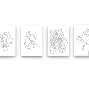 Safari-dieren, tekening met één lijn, wilde dieren, wildernistekening, set van 17 afbeeldingen, minimalistische tekening, Picasso, zwart-witte wandkunst