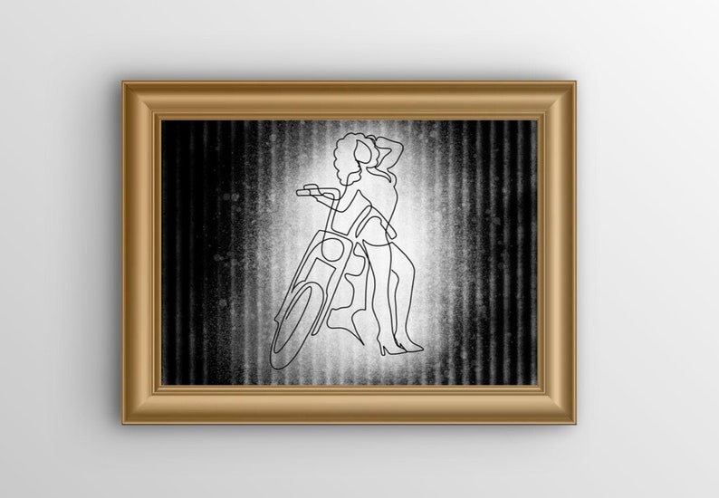 Shopper Harley Davidson Bike minimalist One Line Drawing Girl with short long curly hair Bikergirl Girl with Motorcycle instand download