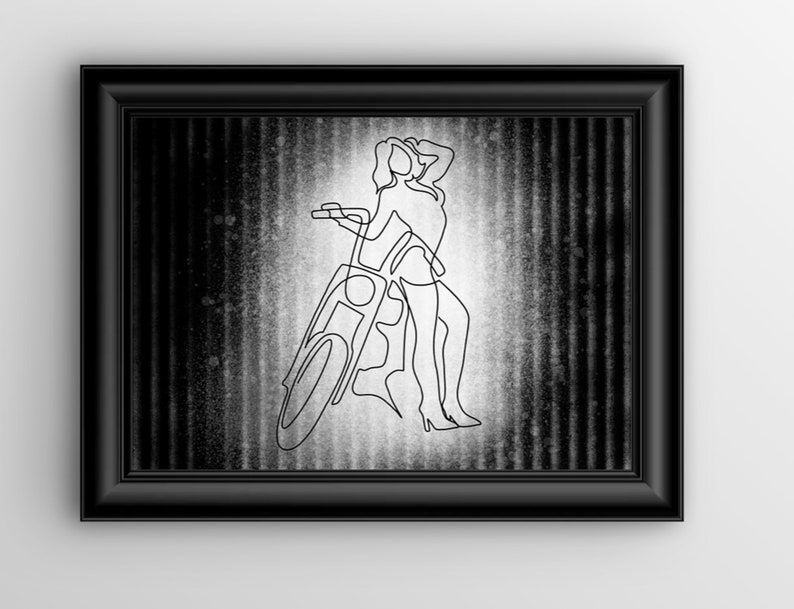 Shopper Harley Davidson Bike minimalist One Line Drawing Girl with short long curly hair Bikergirl Girl with Motorcycle instand download