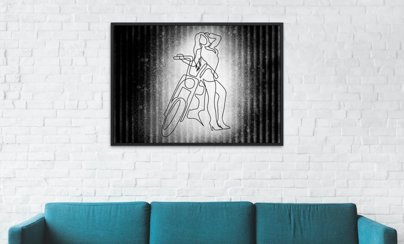 Shopper Harley Davidson Bike minimalist One Line Drawing Girl with short long curly hair Bikergirl Girl with Motorcycle instand download