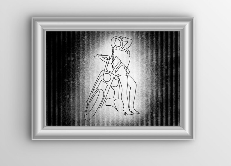 Shopper Harley Davidson Bike minimalist One Line Drawing Girl with short long curly hair Bikergirl Girl with Motorcycle instand download