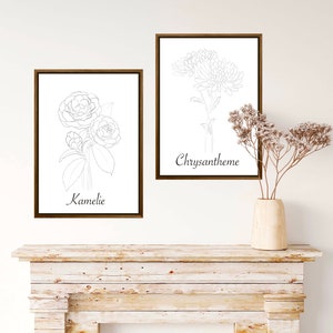 November birth flower, camellia, chrysanthemum, subtle bouquet, minimalist drawing as an art print, digital file in PDF