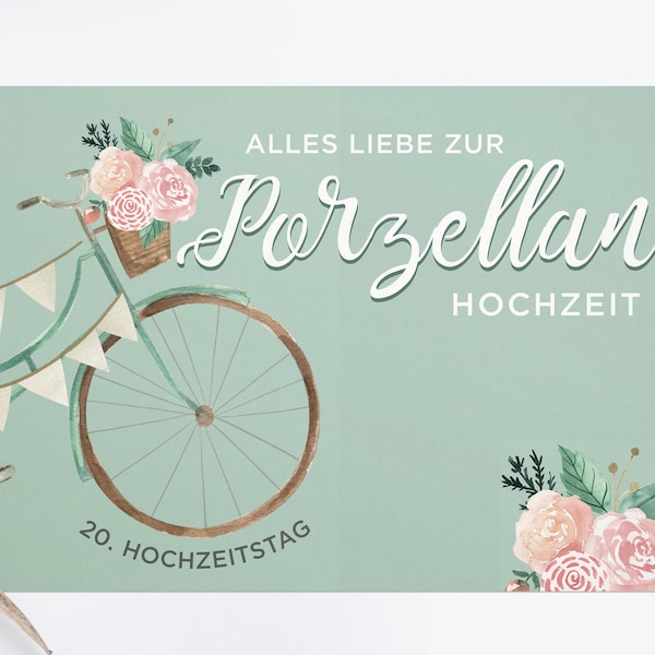 Postkarte "Porzellan Hochzeit", Hochzeitstag, 20. Jahrestag, Papeterie aus liebevoller Handarbeit