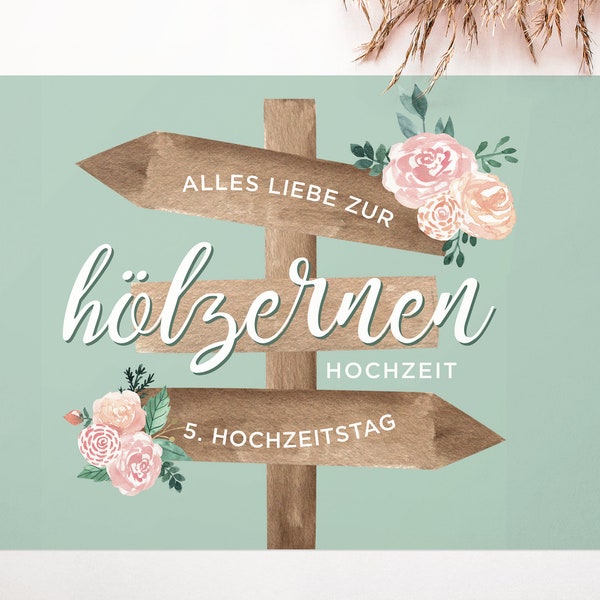 Postkarte "Hölzerne Hochzeit", Hochzeitstag, 5. Jahrestag, Papeterie aus liebevoller Handarbeit