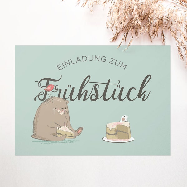 Postkarte "Einladung zum Frühstück", Gutscheinkarte als Geschenk, Papeterie aus liebevoller Handarbeit