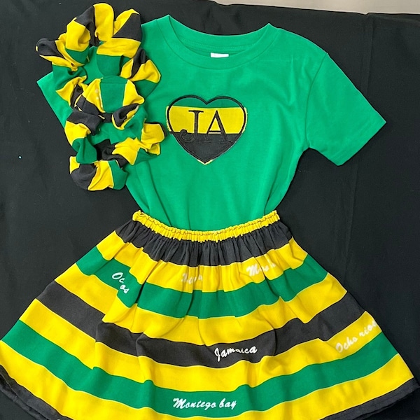 Children black green and yellow stripes design outfit Jamaican colors outfit with extra large hair ties