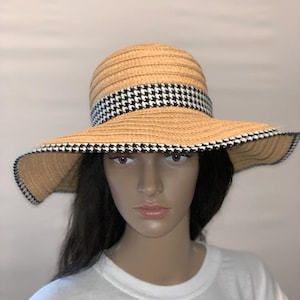 Women's Houndstooth Oversized Paper Straw Floppy Beach Sun Hat