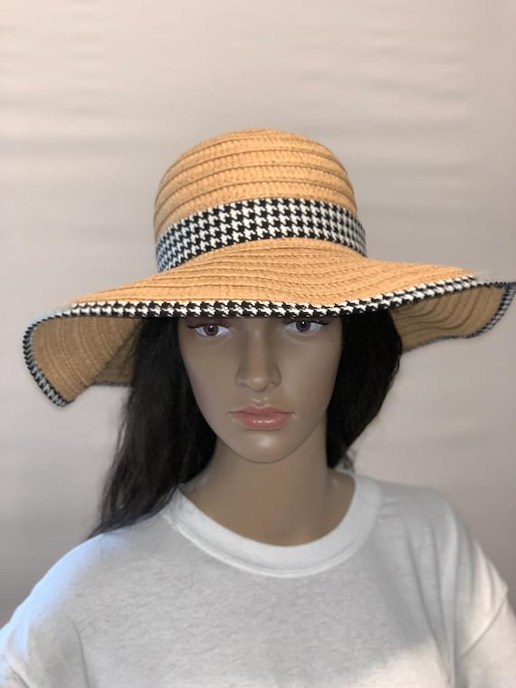 Women's Houndstooth Oversized Paper Straw Floppy Beach Sun Hat