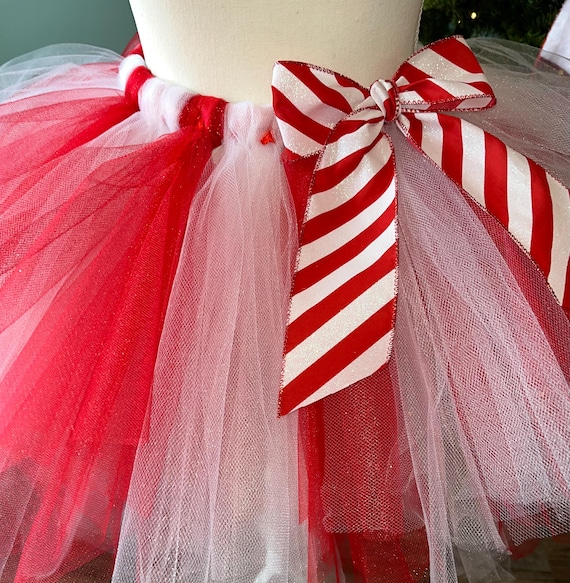 Children’s Candy Cane Tutu: Red and White Tulle Skirt with Striped Bow