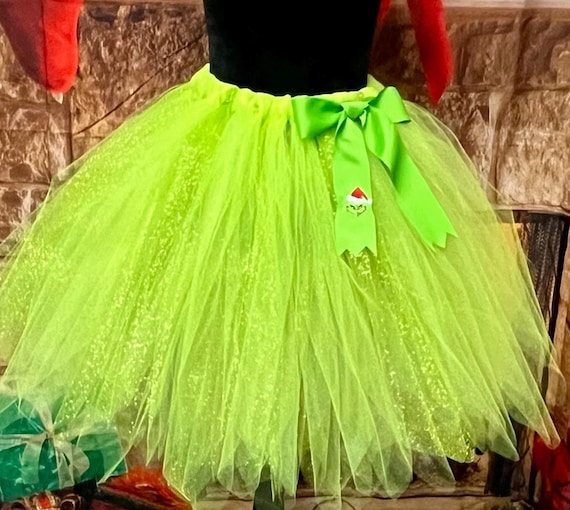 Grinchmas  children sparkling holiday costume tutu embellished  with an embroidered green color bow  pixie cut Mr Grinch tutu