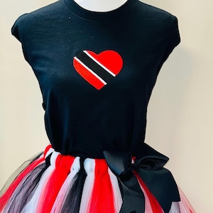 Trinidad adult sizes dance outfit T shirt embroidered  with a heart shaped national flag paired with matching extra full tutu