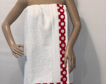 Polka dot trimmed terry cloth towel wrap with free monogram mothers Day birthday gift teen plus size