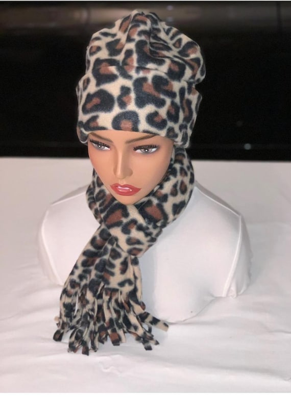 Leopard Fleece Printed set: Fringed Designer Scarf and ear warmer or hat set