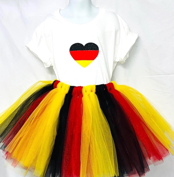 Children’s Germany flag colors inspired outfits: tutus and embroidered shirts