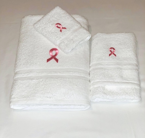 Cancer awareness three piece embroidered ribbon towels set .soft and plush gift . Cancer survivors three pieces gift set
