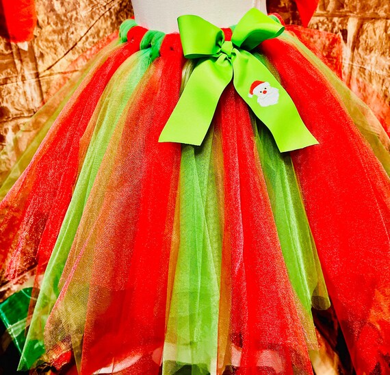 Children and teen lime green and red Christmas tutu: Santa embroidered bow