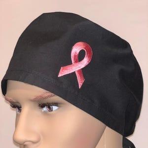 Black Surgical Scrub Cap with Pink Ribbon - Breast Cancer Awareness