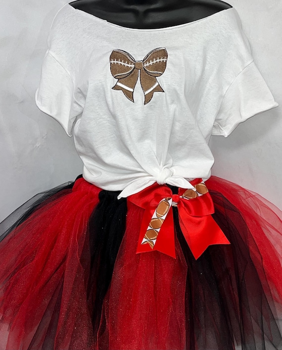 Teen Red and Black Striped football outfit , with embroidered Bow