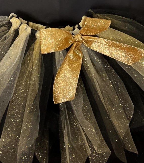 Girls black and gold color tutu: cheer costume sparkly bow