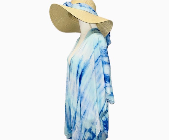 Swimsuit coverup: beach party dress poolside lounging attire vacation wear ocean blue color tie dye theme