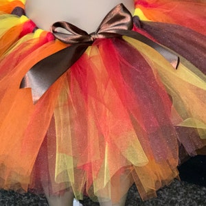 Puede incluir: Una colorida falda tutú en tonos naranja, amarillo y rojo, con un lazo de satén marrón. La falda está hecha de capas de tul, creando una apariencia completa y esponjosa. La falda está diseñada para un niño.