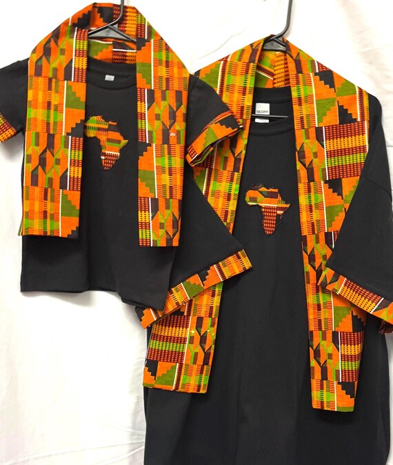 Kente African Print Daddy Son Matching Outfits, Cotton Sashes and Appliqué T-shirts