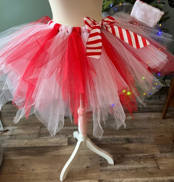 Children’s Candy Cane Tutu: Red and White Tulle Skirt with Striped Bow