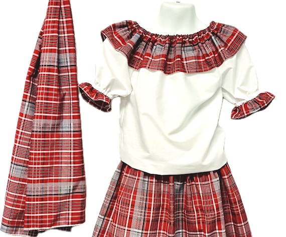 Children and teen traditional bandana fabric three piece outfit: blouse, skirt matching head wrap