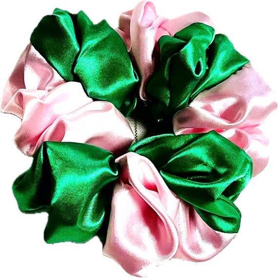 Pink and green color hair ties:shiny satin fabric
