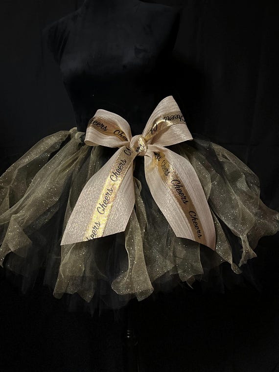 Black and sparkling gold ladies tutus: New years cheer , dance party curly design