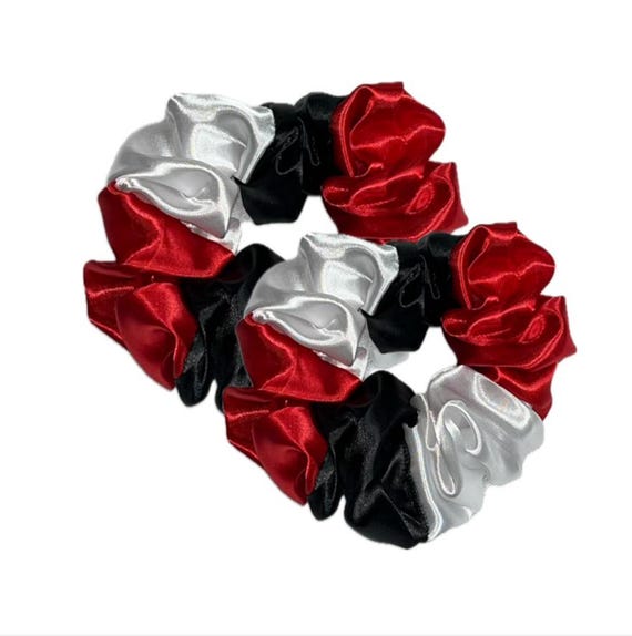 Satin scrunchie for women and girls: red black and white hair tie