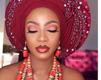 Wine Red Gele, Ready to Wear Nigerian Headwrap, Asooke Auto  display picture 3