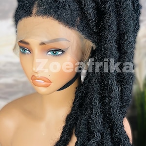 May include: A black lace front wig with long, thick dreadlocks. The wig is styled in a high ponytail.