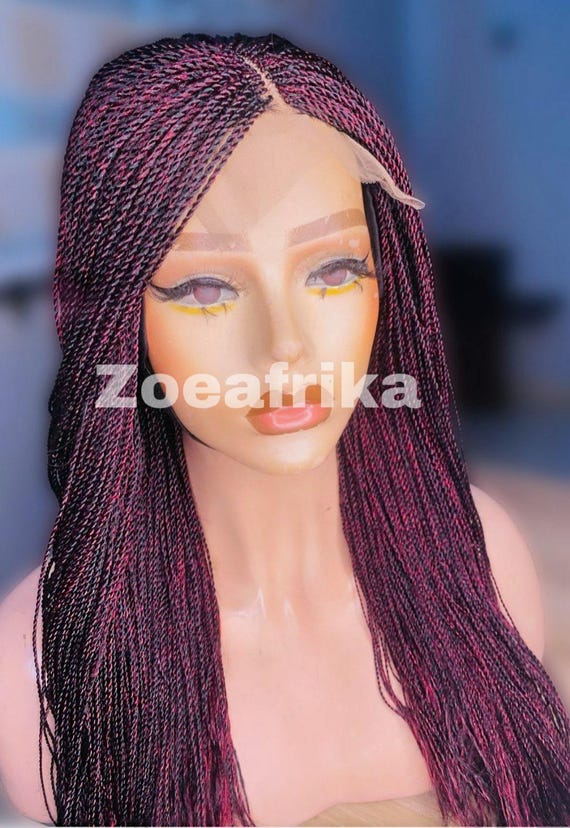 Closure Lace Micro Twist Wig, Burgundy Senegalese Twist  display picture 3