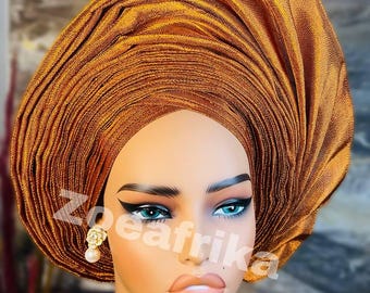 Autogele, Gele listo para usar, Gele pretie, Ofi, Tocados, Gele dorado, Regalo para ella, Aso-oke, Gele preenvuelto, Boda, Compromiso, Regalo