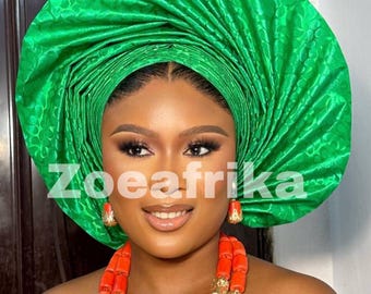 Ready to wear Gele, Gele, Asooke, Wedding, Engagement, Gift for her, Bridal Cap, Autogele, Green Gele Scarf, Turban, Headgear for women Gift