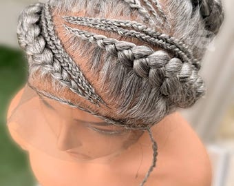 Ready to Ship Salt and Pepper Braided Lace Wig Full Lace Tribal Cornrow Wig Stitch Braids Short hair, Protective Braided Wig For Black Women
