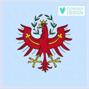 Könnte beinhalten: Ein roter Adler mit einer gelben Krone und einem gelben Schnabel, umgeben von einem grünen Kranz, auf einem hellblauen Hintergrund.
