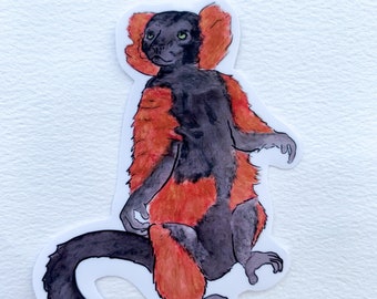 May include: A watercolour illustration of a red-ruffed lemur sitting on a white background. The lemur has black fur with a red ruff around its neck and a long tail.