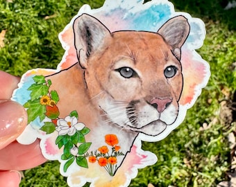 Mountain lion floral sticker, mountain lion, cougar, mountain lion sticker, cougar sticker, big cat sticker, cat sticker, waterproof sticker