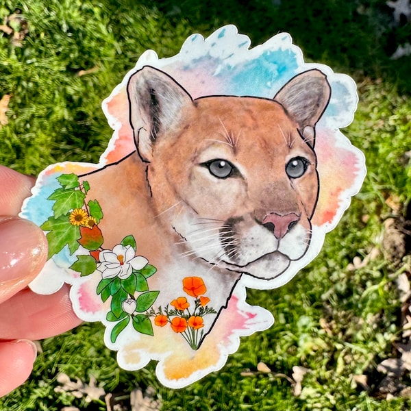 Mountain lion floral sticker, mountain lion, cougar, mountain lion sticker, cougar sticker, big cat sticker, cat sticker, waterproof sticker