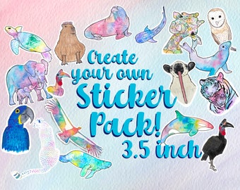 May include: A set of 15 watercolor animal stickers, each measuring 3.5 inches. The stickers feature a variety of animals, including a capybara, a sloth, a manatee, a tiger, a toucan, a parrot, a whale, a seal, a cassowary, a narwhal, an elephant, a turtle, a shark, an owl, and a dog. The stickers are perfect for adding a touch of whimsy to your journals, laptops, water bottles, and more. Create your own sticker pack! 3.5 inch