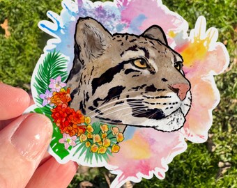 Sticker floral léopard nébuleux, léopard nébuleux, cadeau léopard nébuleux, sticker gros chat, sticker bouteille d'eau, cadeau animal,