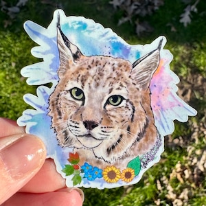 Bobcat floral sticker, cat sticker, waterproof sticker, bobcat sticker, big cat sticker, water bottle sticker, animal sticker, bobcat gift