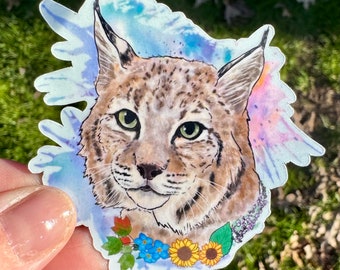 Autocollant floral Bobcat, autocollant de chat, autocollant imperméable à l’eau, autocollant lynx roux, autocollant gros chat, autocollant bouteille d’eau, autocollant animal, cadeau lynx roux