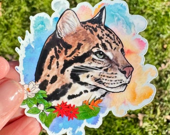 Sticker floral ocelot, sticker chat, sticker imperméable, sticker vinyle, sticker gros chat, ocelot, sticker animal, sticker ocelot, cadeau ocelot